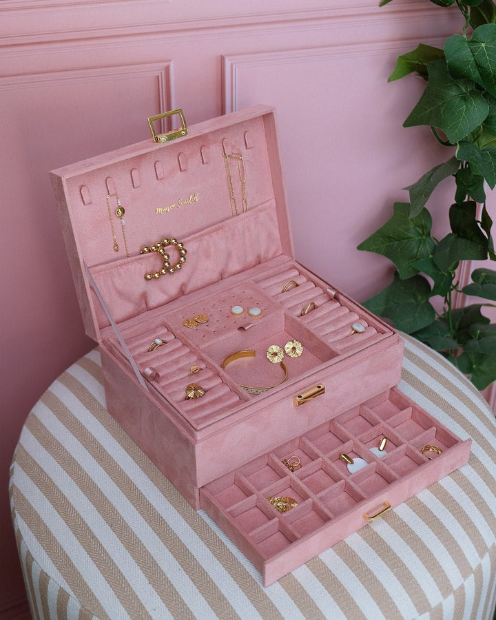grande boite à bijou rose en velours avec tiroir Maison Scarlett #Color_rose