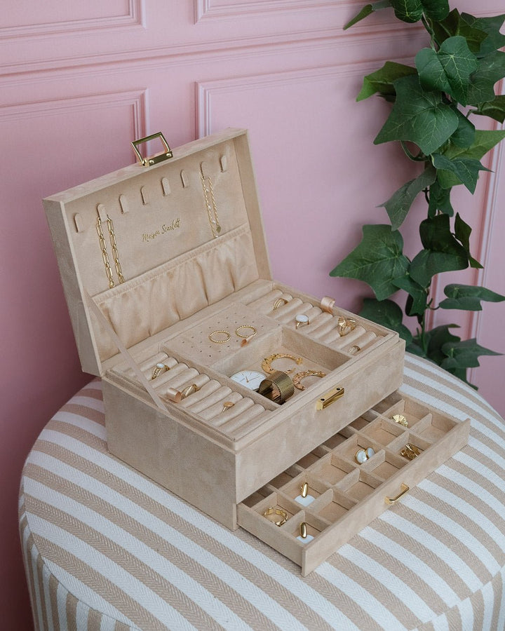 grande boite à bijoux beige avec tiroir en velours Denise de Maison Scarlett #Color_beige