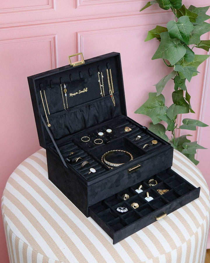 Grande boite à bijoux en velours noire avec un tiroir #Color_noire