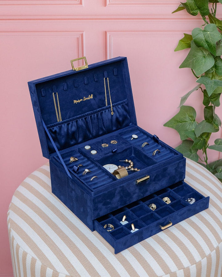 grande boite à bijoux en velours bleu marine Denise avec un tiroir #Color_bleu