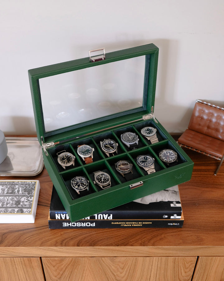 boite à bijou verte rectangulaire ouverte avec 10 emplacements pour montre